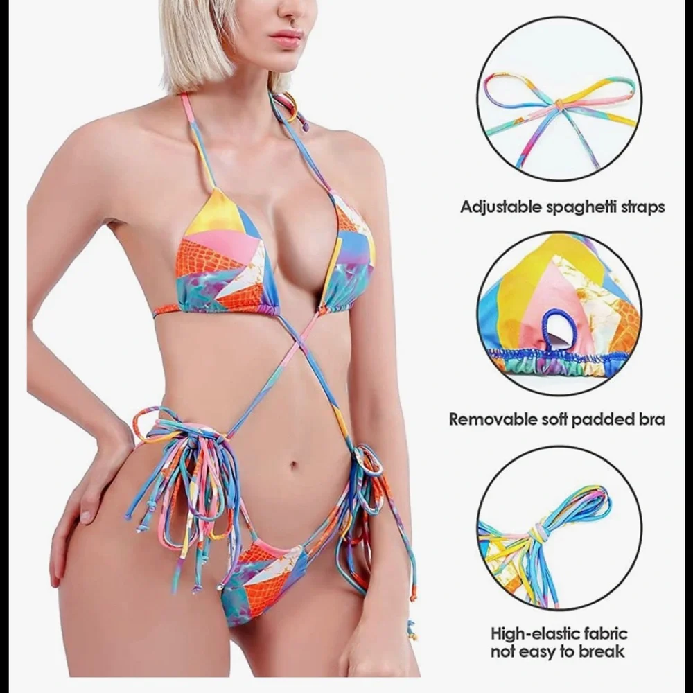 NWT Bandage Bikini GEOMETRICAL Print Two Piece THONG String Swimsuit - Picture 6 of 8
